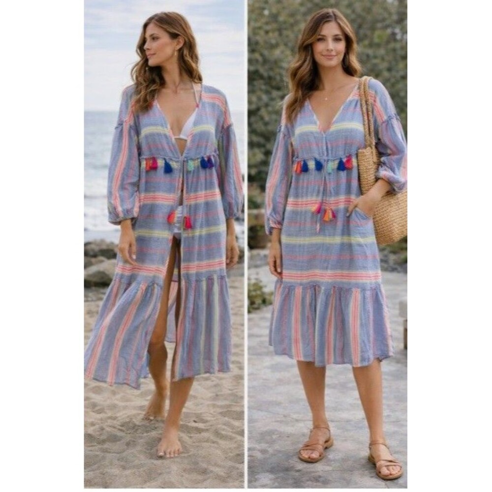 Vineyard Vines Striped Beach Cover Up Dress Tassel Boho Resort Vacation Size S